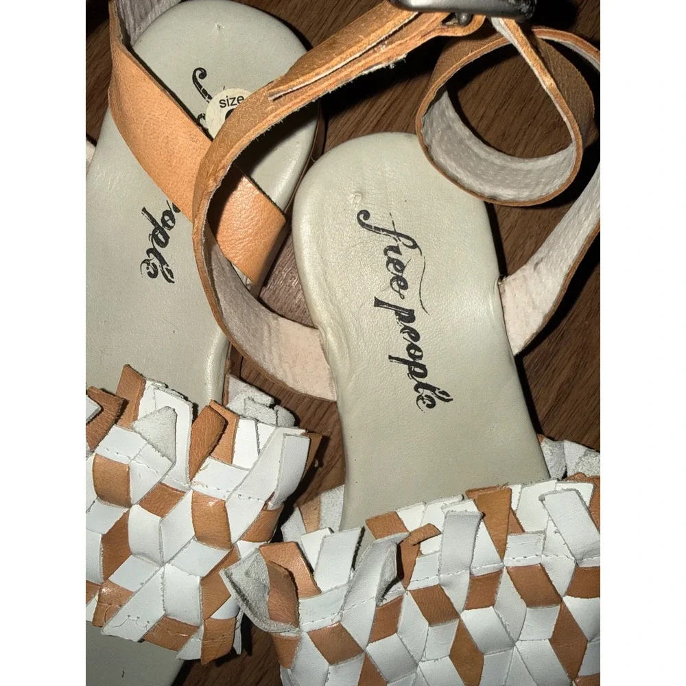 Free People Woven Leather Ankle Strap Platform Sandals Tan White Womens 6 Beach